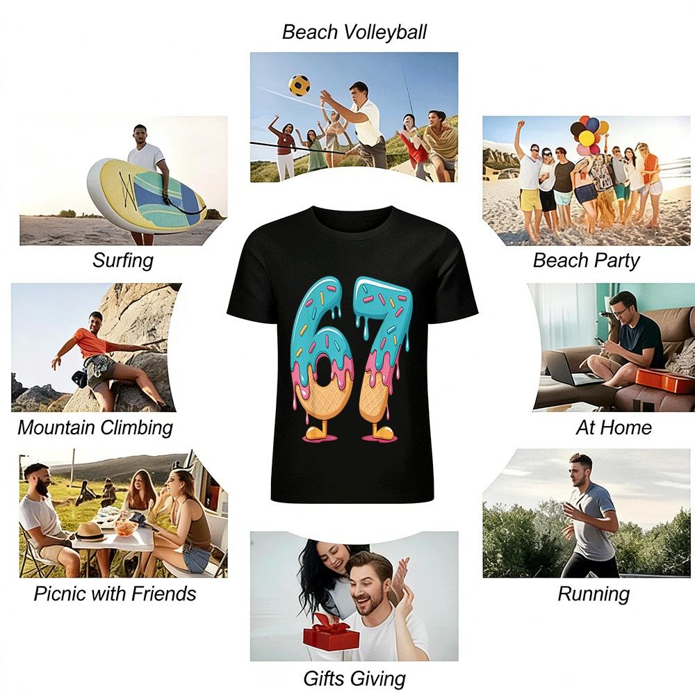 Cute Dessert Style Number 67 Print Casual Unisex Top Pure Cotton T-shirt