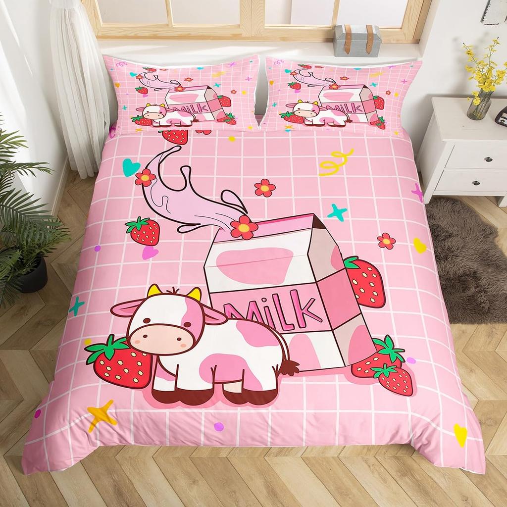 Carton Milk Cow Soft Duvet Cover Ful King Lovely Farm Animal Beding Set Strawbery Flowers Print Warm Comforter Cover Farmhouse Decor