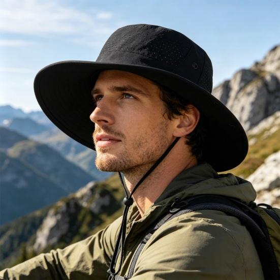 Bob en maille respirante à séchage rapide, protection solaire UPF, large bord, coupe-vent, avec cordelette, idéal pour la randonnée et la pêche.