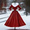 Women's Casual Dress Long-Sleeve V-Neck Patchwork Fleece Christmas Print Dress