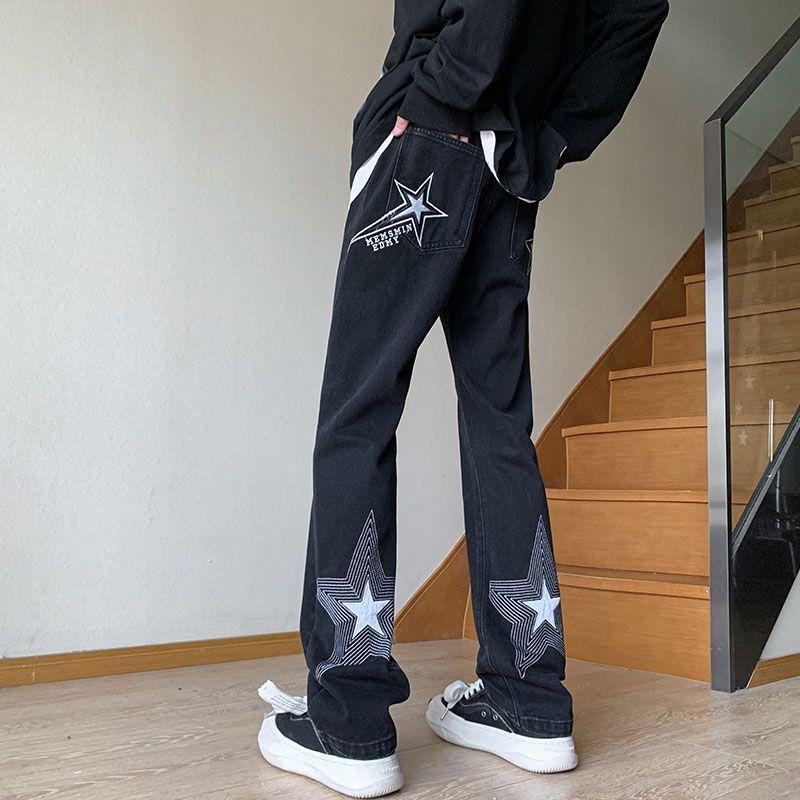 Calças estilo americano vibe high street bordado azul claro estrela jeans design masculino senso calças retas