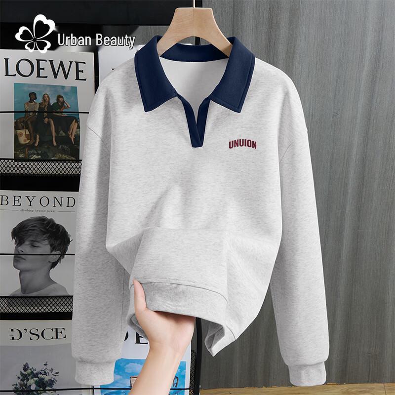 

Women s Polo Collar Sweatshirt with American Retro Chest Patch M