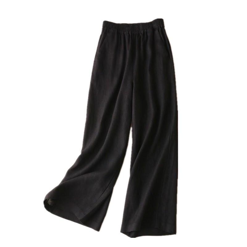 Women's Wide-Leg Linen-Cotton Pants - Solid Color, Nine-Point, Casual, Loose Fit