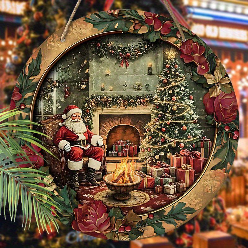 Vintage Santa Fireplace Christmas Round Wooden Hanging Sign, 2D Flat Printed Floral Wreath Front Door Decor, Xmas Gift Tree Wall Ornament Gift