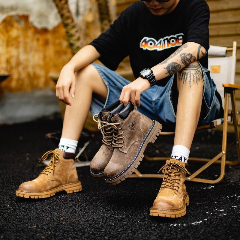 Martin Boots Men's Leather High Top British Style Short Boots Autumn Retro Workwear Hiking Boots Men's Outdoor Yellow Boots