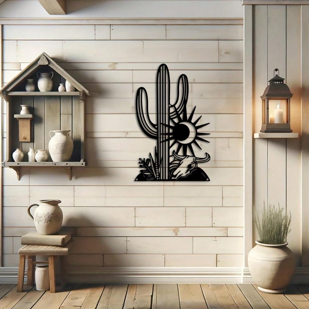 Metal Cactus Wall Art Sun Bull Design Elegant Black Iron Decor Living Room Balcony Gift