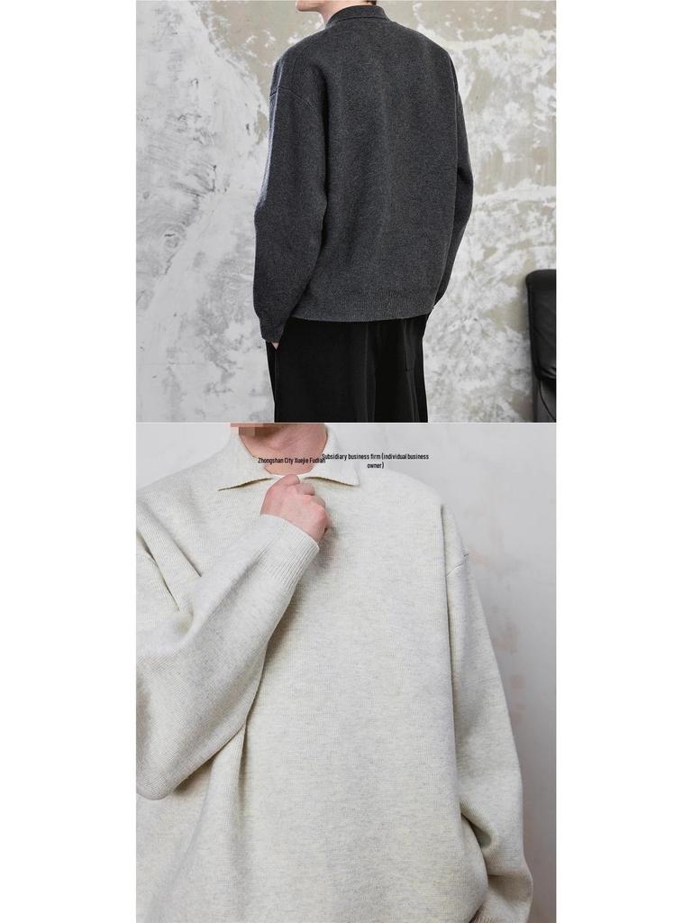 Men’s 2024 Winter Grey Sweater: Old Money Style, Thick Knit, Small Turn-Down Collar.