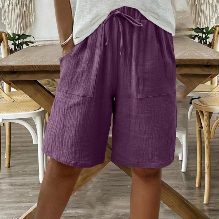 Summer Loose Casual Shorts Women Solid Color Strap Cotton Linen Five Quarter S