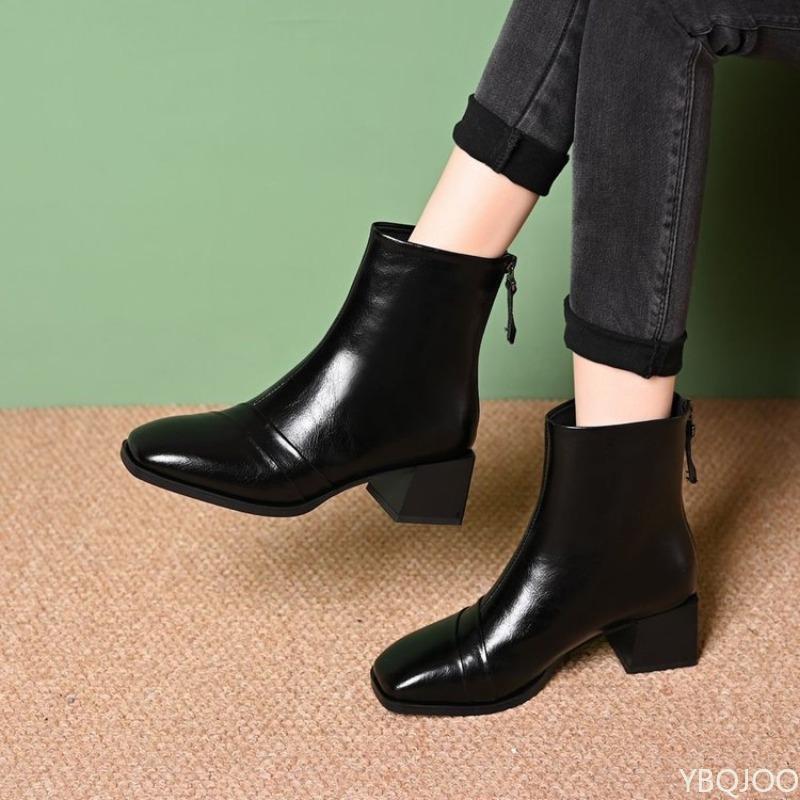 Autumn Winter Fashion Back Zipper Thick Heel Middle Heel Short Boots for Women Retro Square Head Versatile Women's Boots