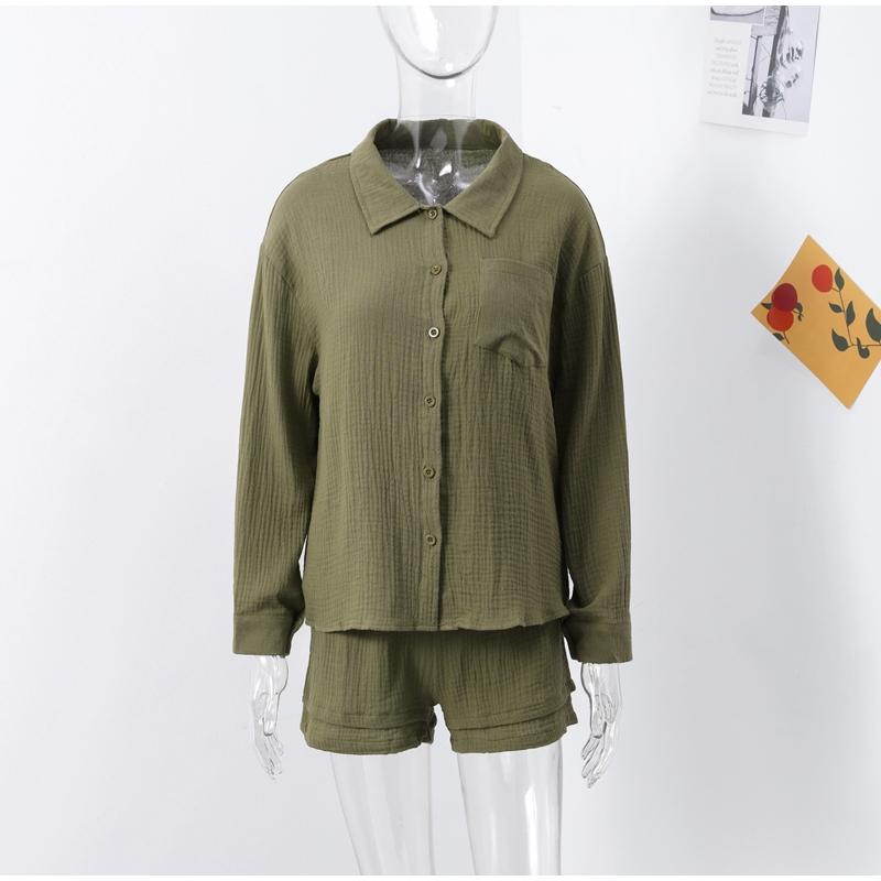 Wrinkled Lace-up Wide Leg Short Pants Set Wrinkled Fabric Woman Solid Long Sleeve Pockets Cotton Shirt Shorts 2-Pieces Sets Casual Loose Outfit