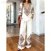 1116 Bohemian Print Cotton and Linen Shirt Wide-leg Pants Two-piece Set, Vacation Casual Suit Women Y1