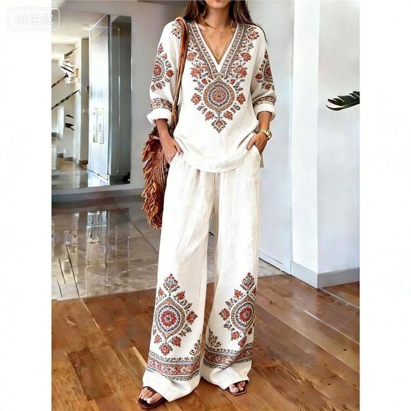 1116 Bohemian Print Cotton and Linen Shirt Wide-leg Pants Two-piece Set, Vacation Casual Suit Women Y1