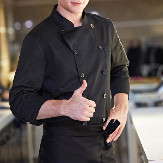Chef Uniform Stand Collar Double-Breasted Button Design Roll-Up Cuffs Chest Pocket Solid Color Chef Shirt Professional Kitchen Workwear