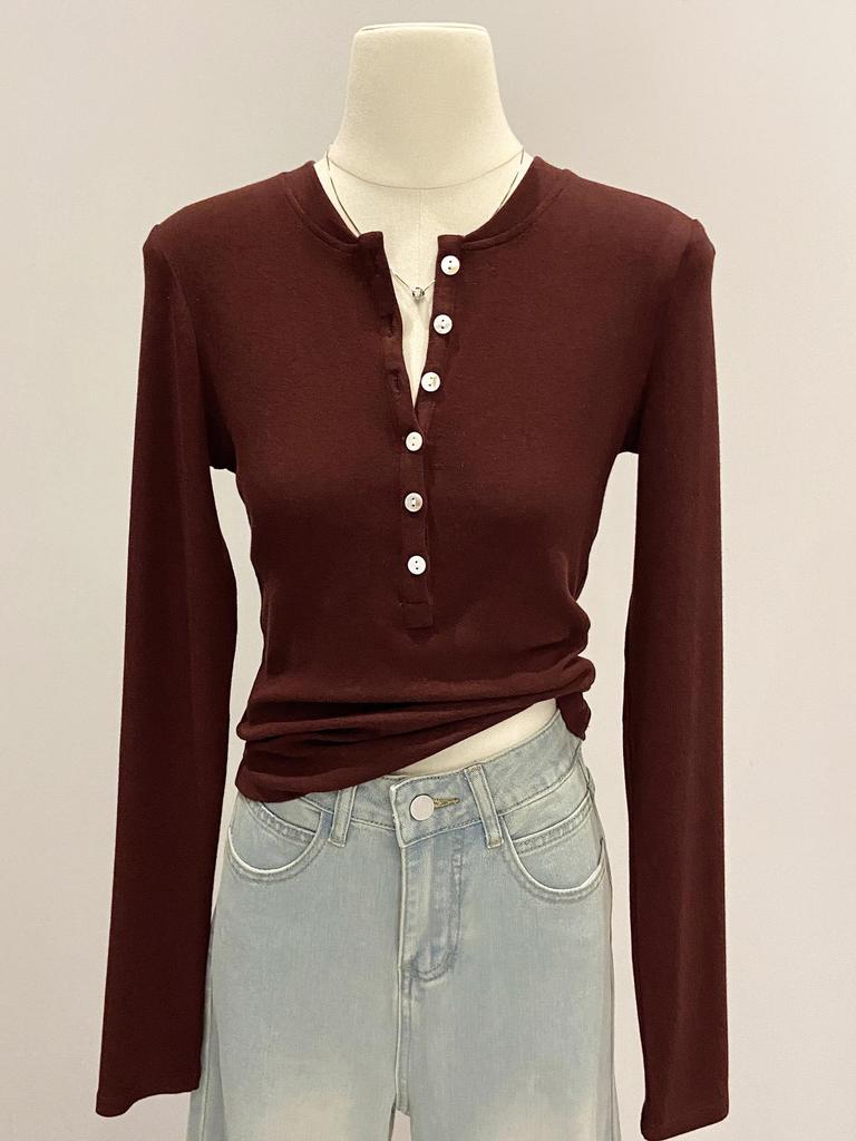 Women's Slim Fit Long Sleeve Henley Collar Mousse Cashmere Top for Spring/Autumn