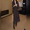 French retro polka dot horn sleeve V-neck long-sleeved dress women's autumn and winter atmosphere senior waist A-shaped long skirt