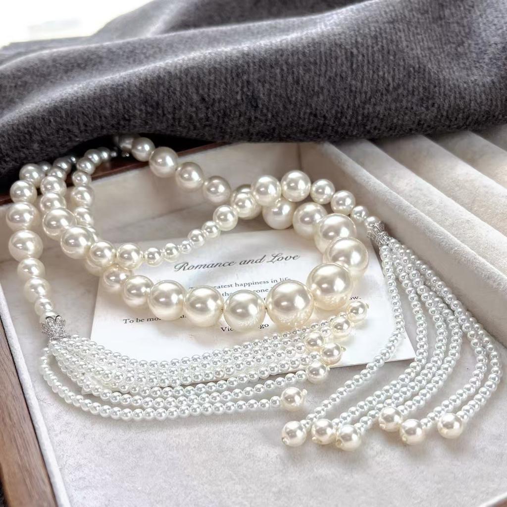 Vintage High-Quality Strong Light Artificial Crystal Pearl Tassel Various Wearing Methods Sweater Chain Necklace