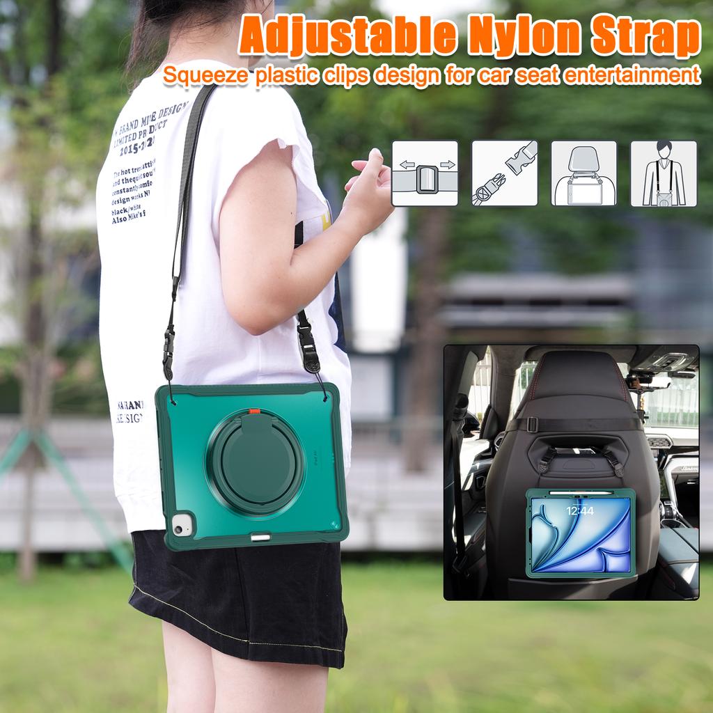 For iPad Air 13 (2025)/(2024)/Pro 12.9 (2022)/(2021)/(2020)/(2018) Case Rotary Kickstand Cover with Shoulder Strap