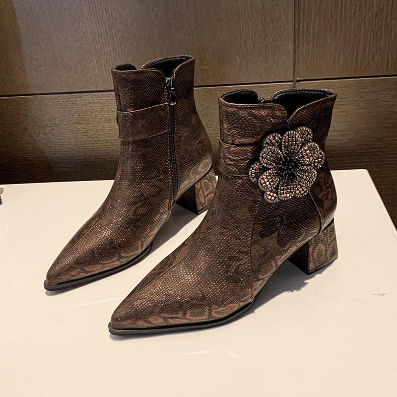 Crystal Flower Women Shoes Pointed Toe High Heels Ankle Boots 2025 Trend Sexy Luxury Prom Zipper Pumps New Chelsea Botas Mujer