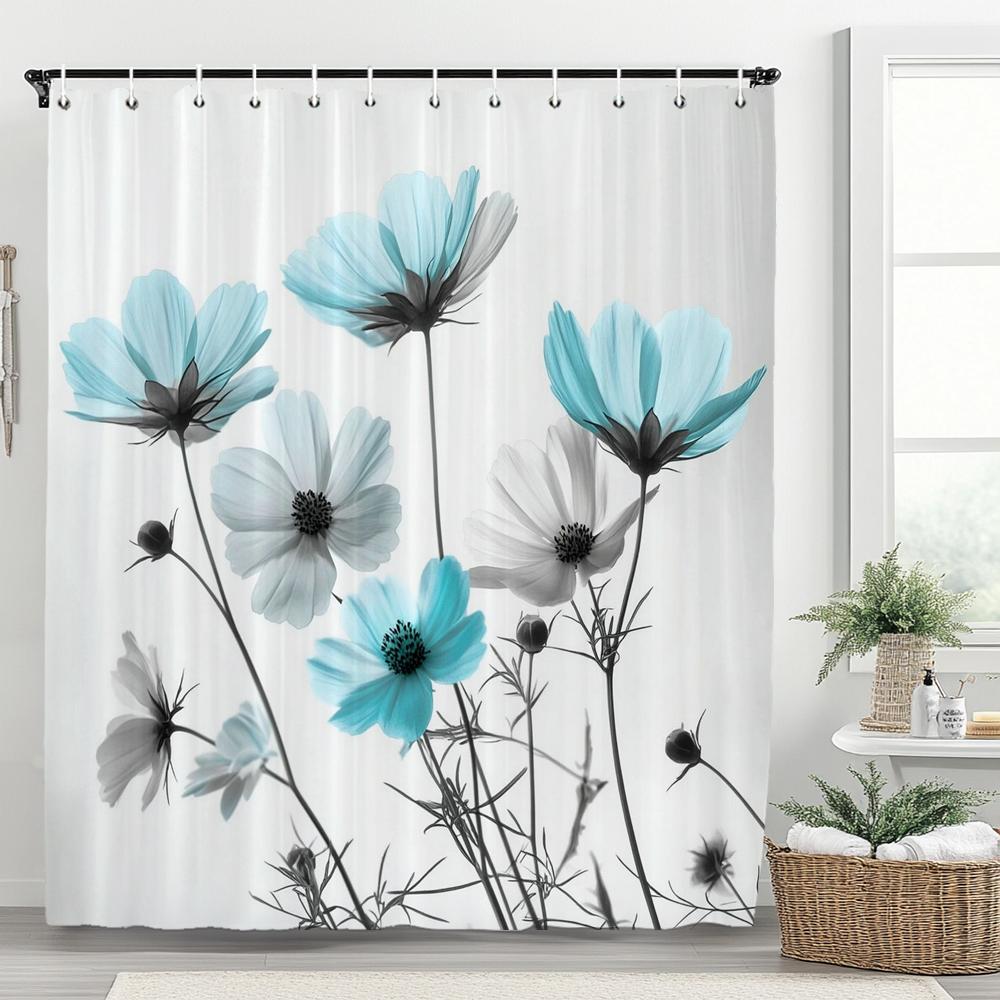 1PC Blue Flowers and Butterflies Shower Curtain,  Floral and Leaf Bathroom Decorative Curtain,Polyester Home Curtain with Hooks
