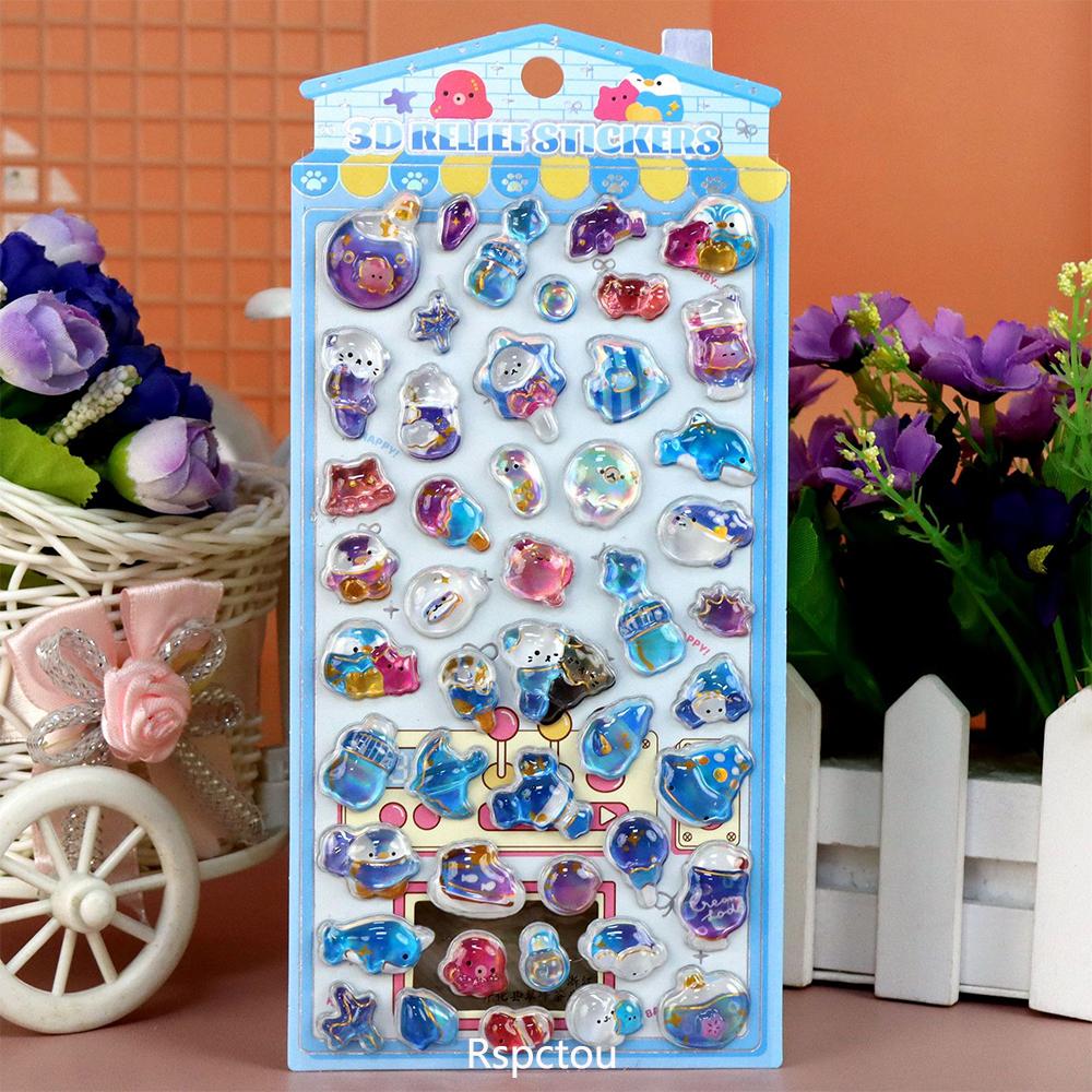 1pcs Cute Rabbit Bear Food Cartoon 3D Crystal Stickers Funny Marine Animals Three-dimensional Relief Decals for Notebook Phone