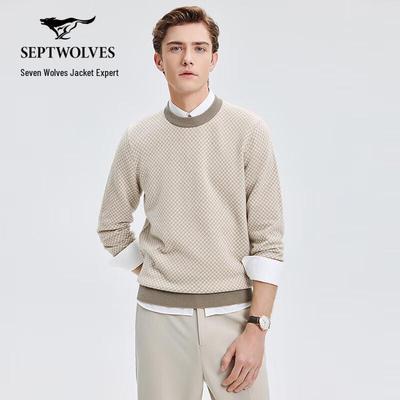 Men's Two-Tone Diamond Pattern Round Neck Thick Wool Sweater