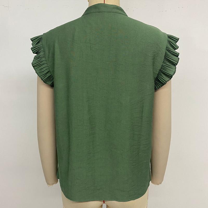 Summer New Retro Casual Tops Women Flying Sleeve Ruffled Solid V-neck Loose Shirts for Women Fashion Elegant Slim Simple Office Ladies Blouses 26607