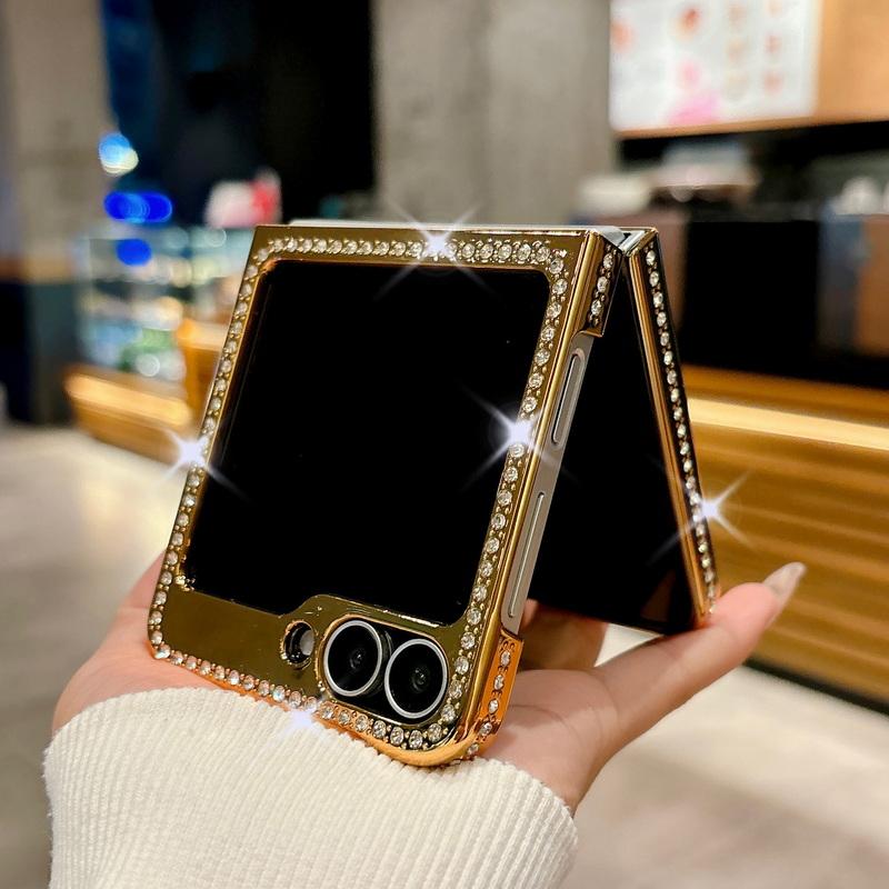 Luksuriøst ensfarget lær galvanisert 2 stk telefondeksel til Samsung Galaxy Z Flip6 Flip5 Flip4 Flip3 Diamantramme Støtsikker Metallring Sammenleggbart deksel