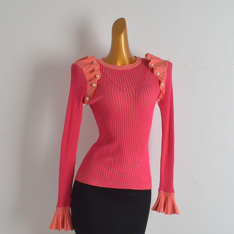 Sample Shirt Sexy round Neck Pullover Chic Beaded Flare Sleeve Sweater Women's Fall Slim Fit Bottoming Shirt Tops Trendy