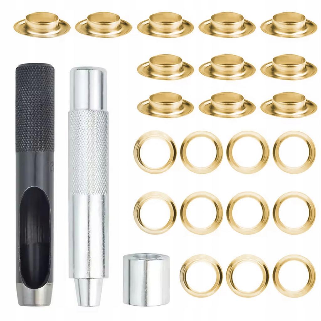 Rosfix Złoty Zestaw Oczek do Plandek 12mm – 100 Metalowych Oczek z Dziurkaczem i Zakuwakiem | Odporne na Korozję | Do Namiotów i Banerów