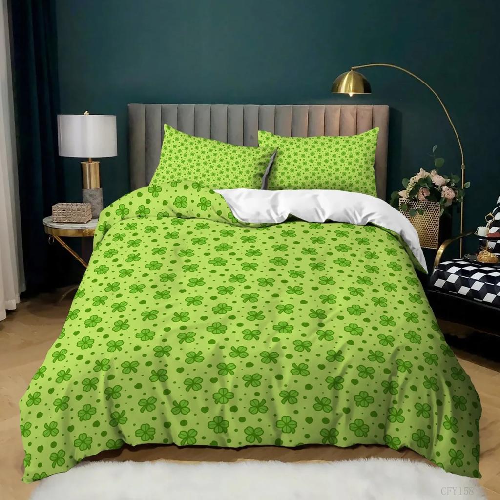 Lucky Green Leaves Duvet Cover King Queen Size Four Leaf Shamrock Clover Irish Culture Bedding Set Soft Polyester