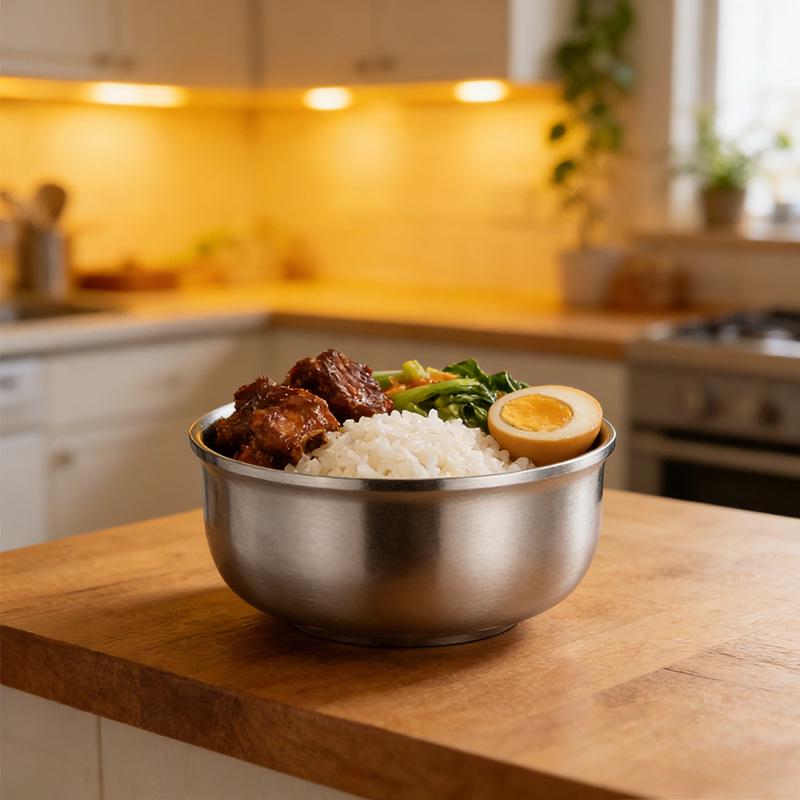 304 Stainless Steel Double-Layer Insulated Anti-Scald Rice Bowl with Spoon for Kids and Home Use