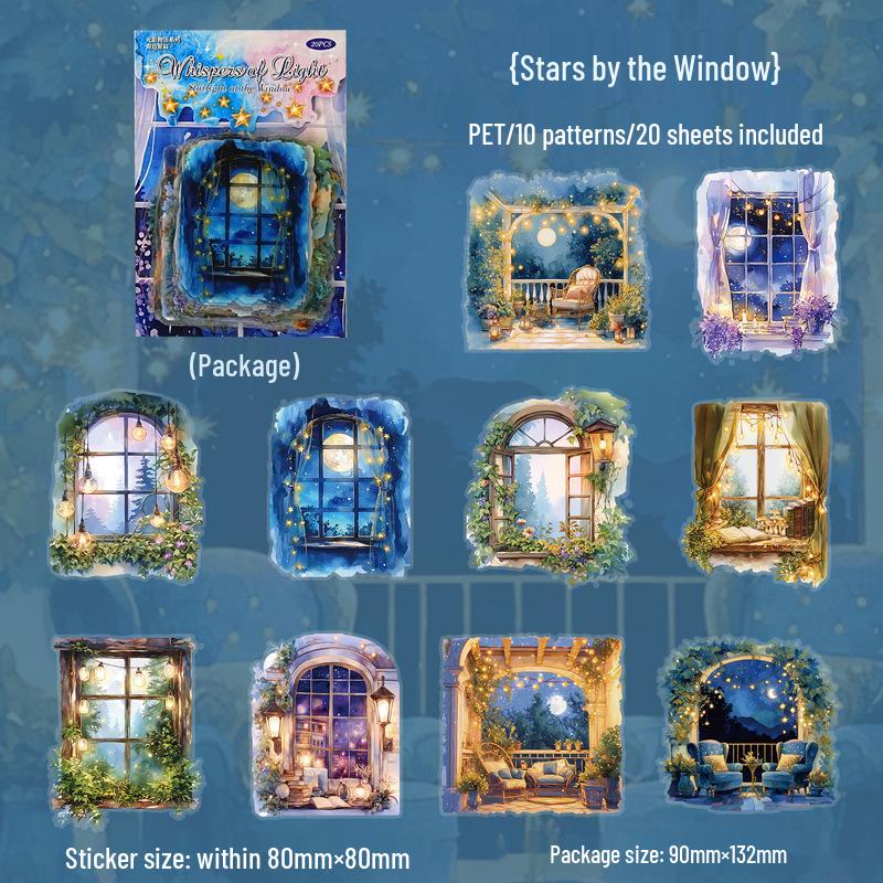 Yi Niao Light & Shadow Story Series Sticker Pack: 20 Large Night View, Irregular Shape Scenery Stickers for DIY Decoration