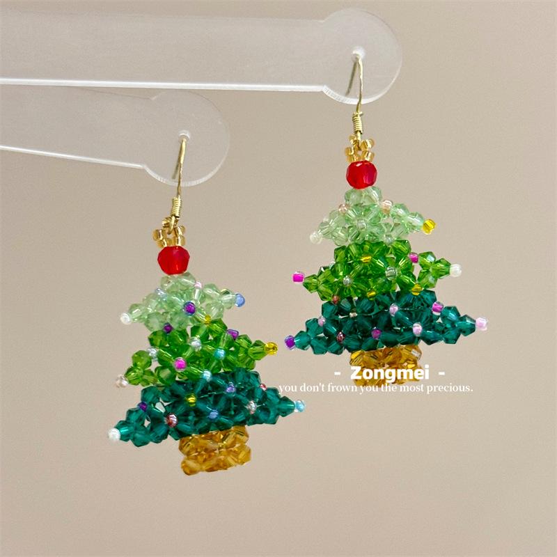 3D Christmas Tree Earrings with Red Bow - Heavy Beaded Crystal Ear Clips, Hand-Woven Holiday Accessories