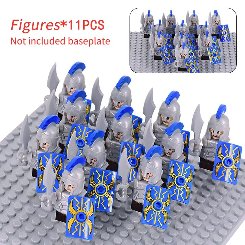 11 Silver Gray Knight Figures w Yel Edge Helm Swords Red Cross Shields White Cloaks No Baseplate