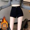 Petite Women's Black Fleece-Lined High-Waist A-Line Shorts - Casual Slimming Autumn Style