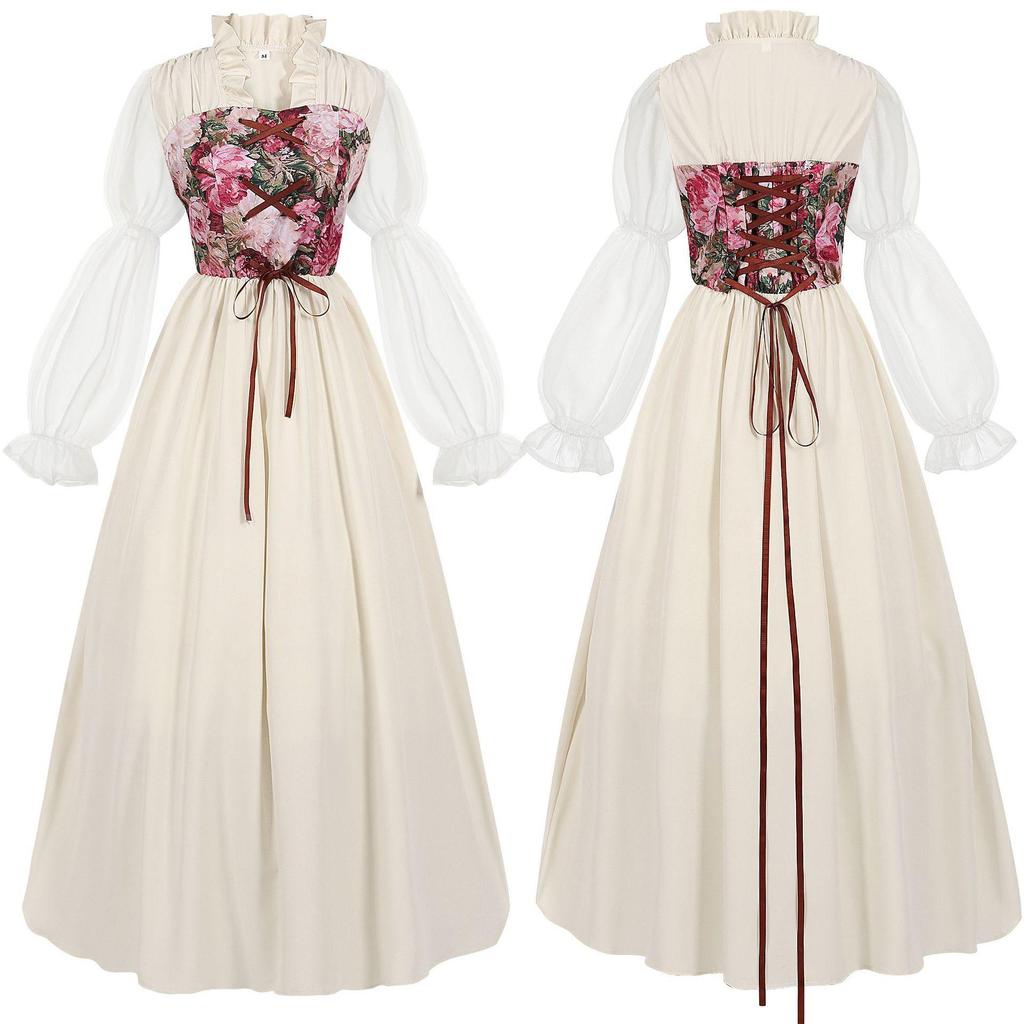 Vintage Renesansowa Sukienka z Kwiatowym Gorsetem, Wiktoriańska Średniowieczna Suknia z Bufiastymi Rękawami dla Kobiet, Idealna na Cosplay, Halloween i Imprezy Tematyczne