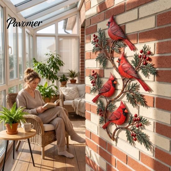 Weather Resistant Metal Decor Bird Wall Decor, Red & Chickadee Sculpture with Branches and Decorative Accents for Balcony Berries, 2D Iron Art Hanging