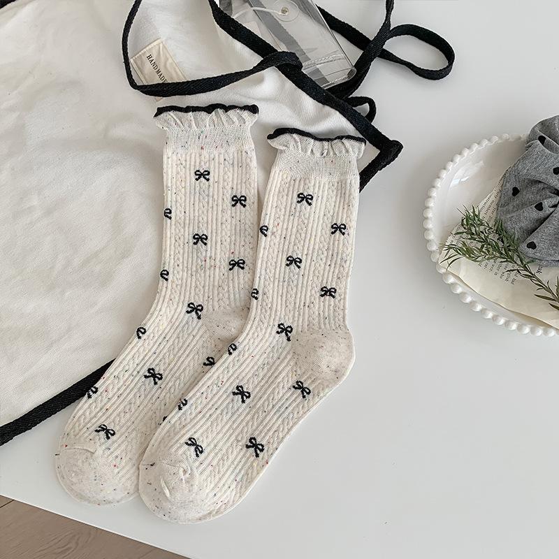 

Female Spring and Autumn Sweet Idea Yarn Hemp Pattern Bowtie Bubble Mouth Tube Pile Pile Socks 1 pair