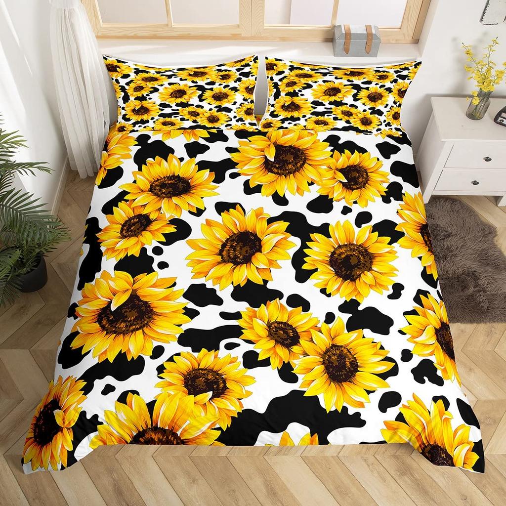 Sunflower Bedding Set For Kids Girls Boys Black White Milk Cow Print Comforter Cover Spring Summer Floral Duvet Cover