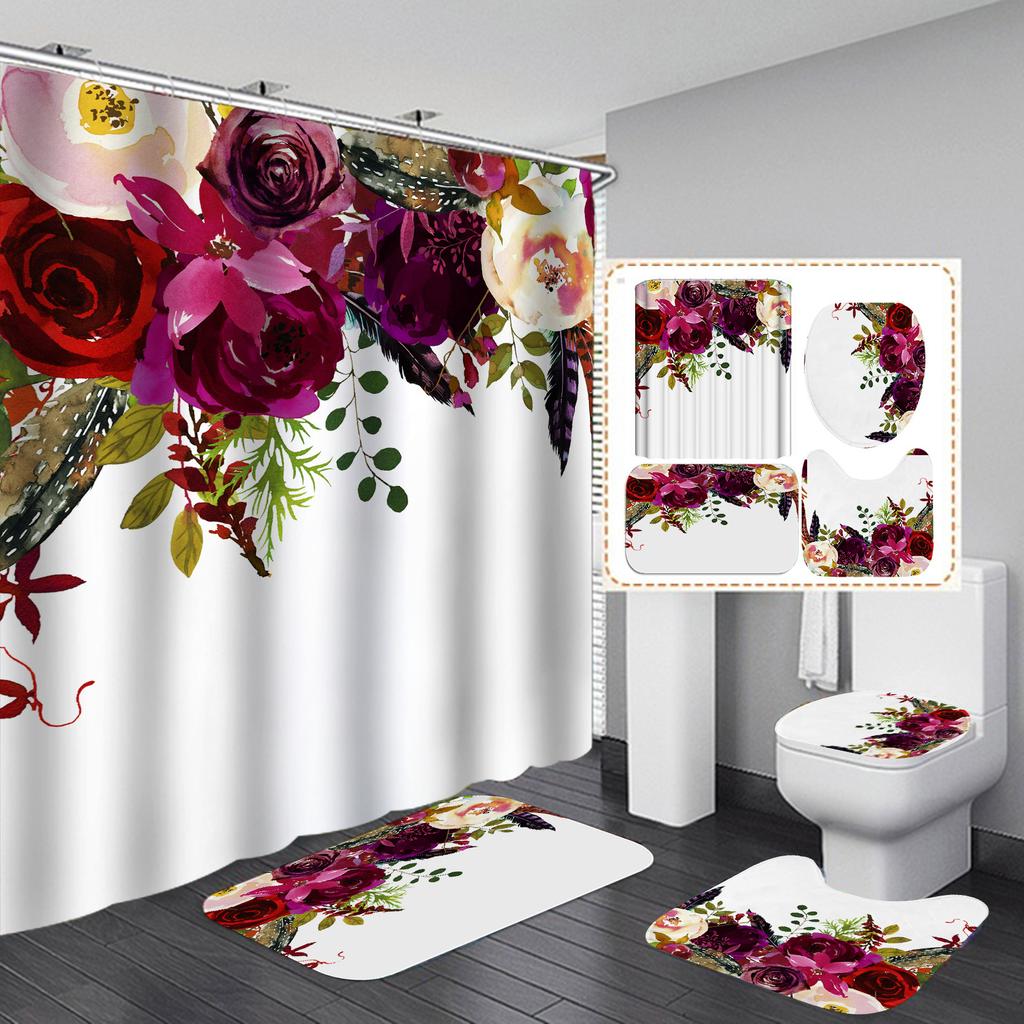 3D Digital Printing Polyester Flower Bathroom Four-Piece Shower Curtain Direct Supply Curtain
