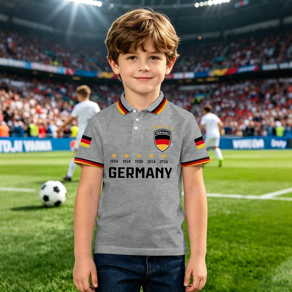Kids Polo Shirt with Printed National Emblem and Championship Years Design Short Sleeve Button Collar Casual Top for Boys