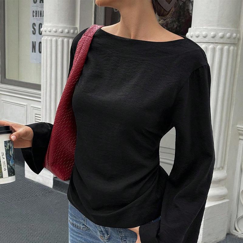 Ladies Spring Autumn Flare Sleeves Round Collar Solid Color Slim Fit Pullover Casual Shirt Top