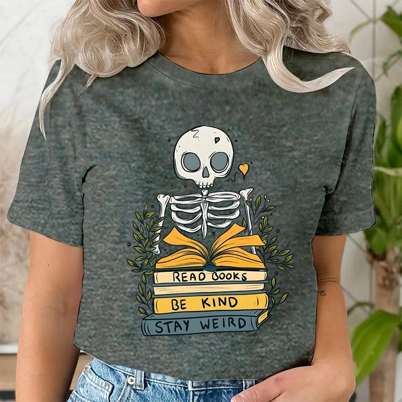 Read Books De Kind Stay Weird Tshirts Women Retro Skull Skeleton Tshirt Short Sleeve Oneck Shirt Bookworm Book Lover T Shirt