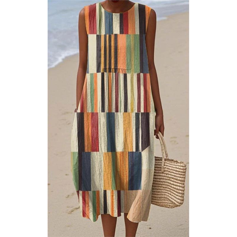 Independent Station Summer New Products Sleeveless Pockets Casual Printing Temperament Long Dress Dress Slim Dress S