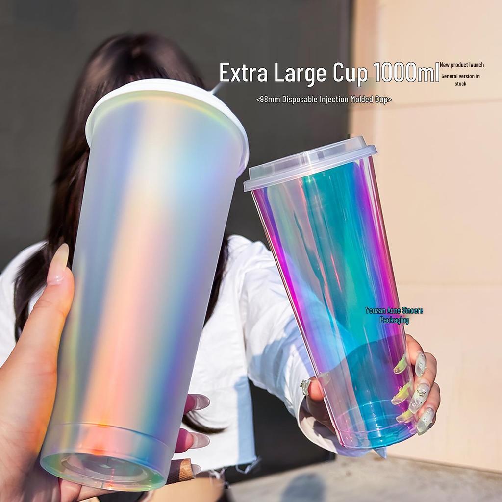1L Disposable Rainbow Milk Tea Cup with Lid, 98mm Caliber, Colorful Laser Film Inner
