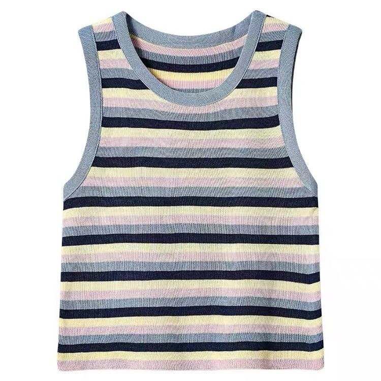 Women's Dopamine Rainbow Stripe Camisole Knit Top Summer Gorgeous Beautiful High-end Sleeveless Small Vest Outer Wear