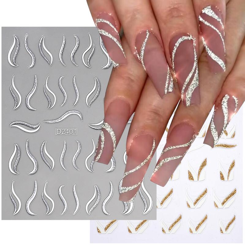 1pcs Gold Glitter French Design Nail Stickers White Silver Curve Lines Stripe Wave Nail Decals Slider Reflective Manicure Wraps