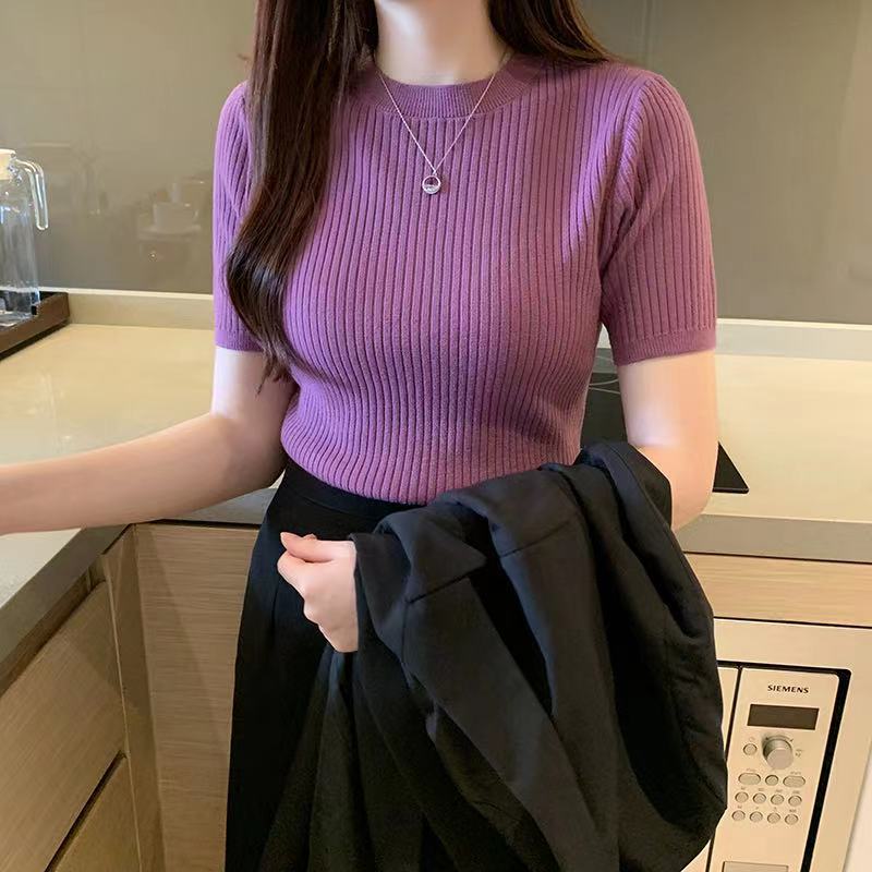 Spring and Autumn New Pullover Sweater Women's Autumn and Winter Slim-fit Top Short Sleeve Knitted Sweater Women's Bottom Shirt