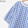 ZANZEA Women Casual Round Neck Half Sleeve Grid Print Blouse