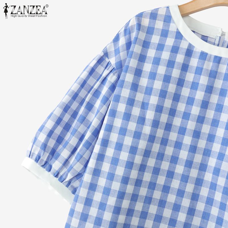 ZANZEA Women Casual Round Neck Half Sleeve Grid Print Blouse